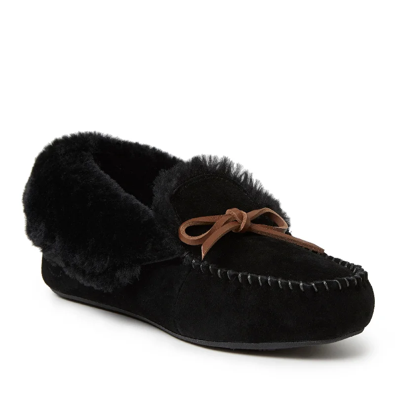 owl kids’ slippers-Dearfoams Women's Genuine Suede Foldover Moc with Tie