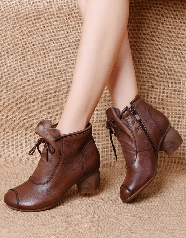 Boots with supportive zap-Women's Soft Leather Retro Chunky Boots