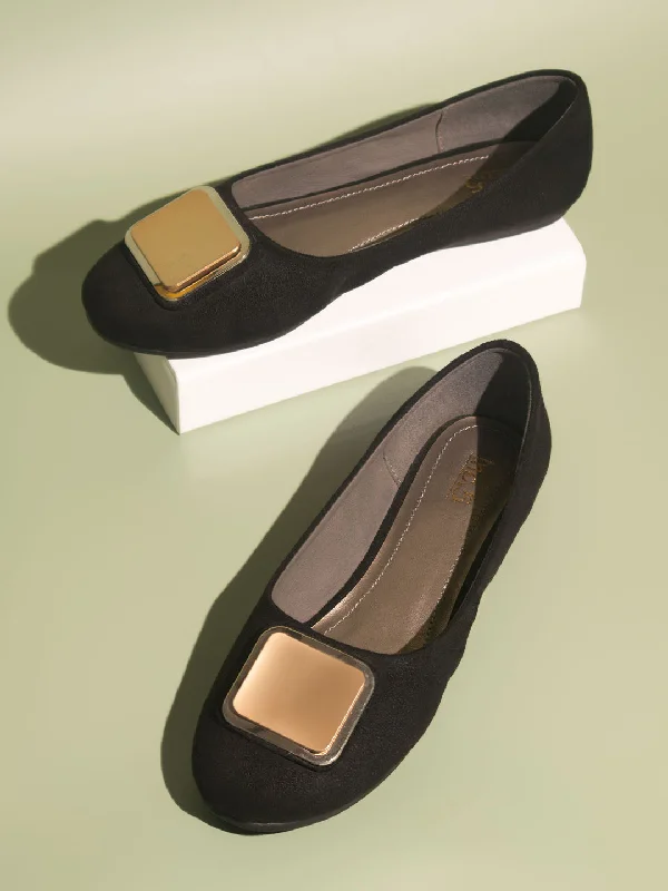 modern flats near subway-Women Black Buckle Ballerinas Flats