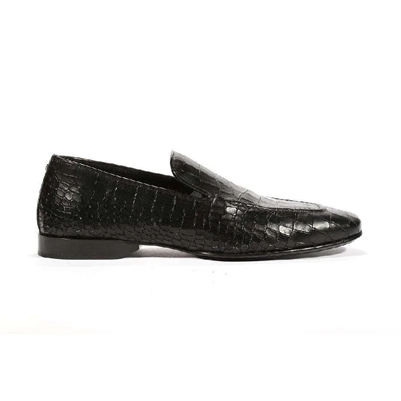 Loafers for road trips-Cesare Paciotti Luxury Italian Men's Loafers Croc Print Cocco Lux Black PK Designer Shoes (CPM5448)