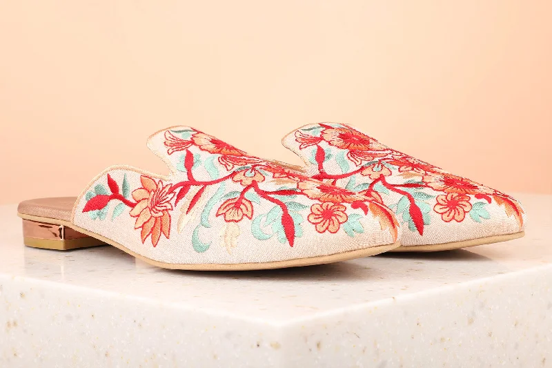 flats for nature lovers-Women Peach Mules with Embroidered Flats