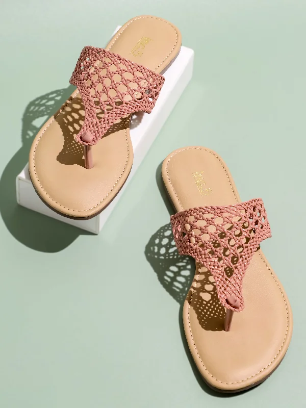 flats near business district-Women Peach Woven Design Open Toe Flats