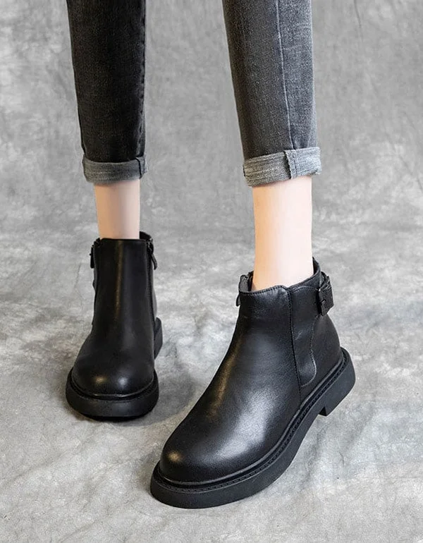 Boots with lightweight drift-OBIONO Retro Leather Thick-heel Black Boots