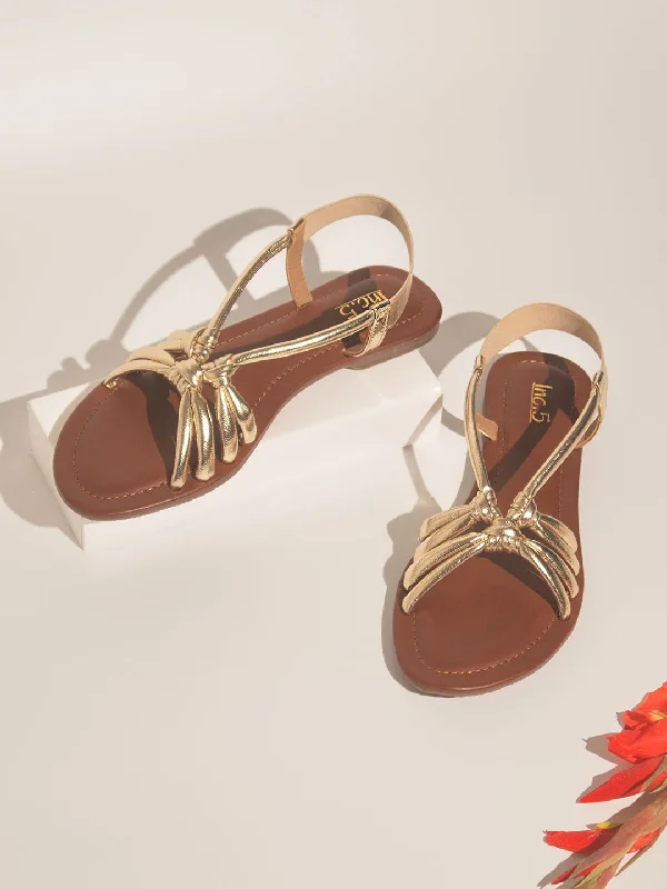 modern flats with views-Women Gold Strappy Open Toe Flats with Knot Detail