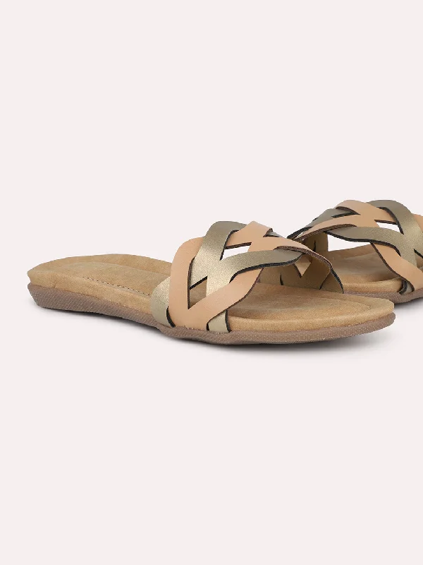 flats for weekend escapes-Women Beige & Gold Colourblocked Open Toe Flats