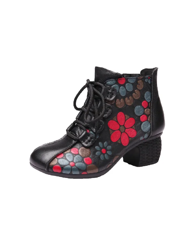 Boots for long zap-Chinese Style Flower Printed Leather Chunky Boots 41