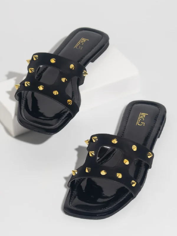 flats interior color ideas-Women Black Open Toe Flats with Embellished Detail