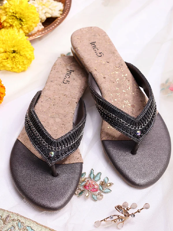 flats for budget travelers-Women Pewter Embellished Open Toe Flats