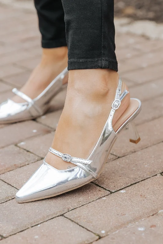 classic leather high heels-Sleek Silver Buckle Detail Slingback Heels