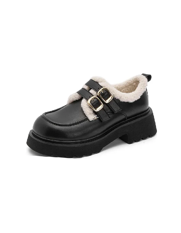 Mary Jane shoe for stylish strapDouble Buckle Winter Mary Jane Shoes with Fur