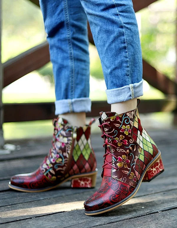 Boots with rugged breeze-Handmade Ethnic Style Lace-up Jacquard Boots