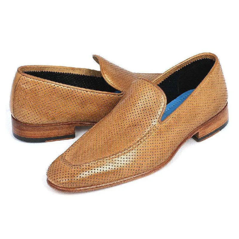 Loafers for park strolls-Paul Parkman Handmade Designer Shoes Perforated Leather Beige Loafers (PM5452)