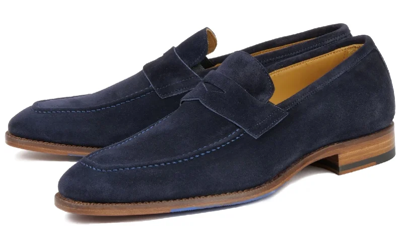 Loafers with grippy soles-Hampton Penny Loafer Navy Blue Suede