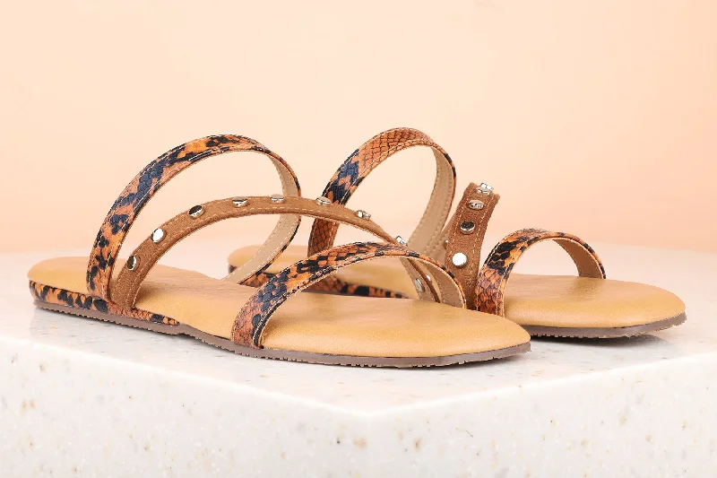 flats for creative minds-Women Tan Printed Open Toe Flats