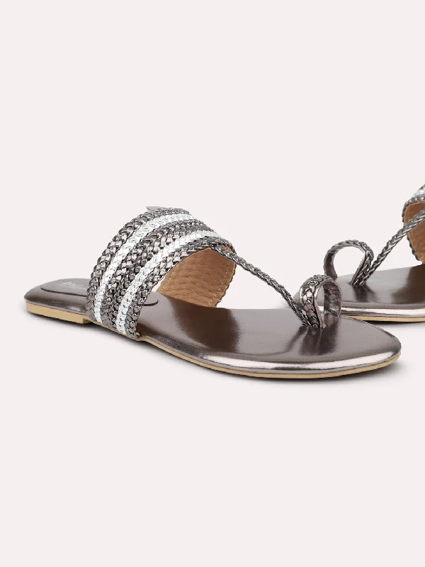 flats with great views-Women Pewter Embellished One Toe Flats