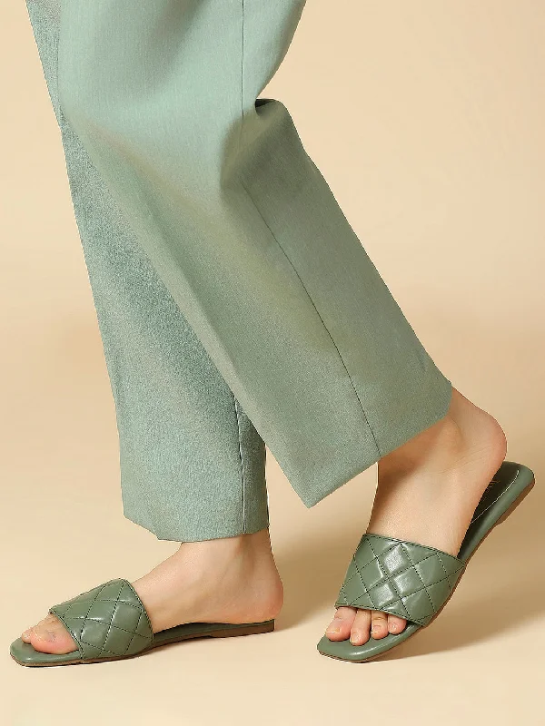 affordable flats for seniors-Women Green Solid Textured Open Toe Flats