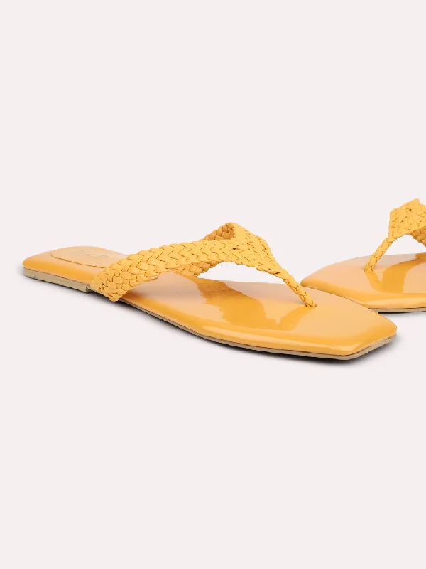 leather flats for office-Women Yellow Textured Open Toe Flats