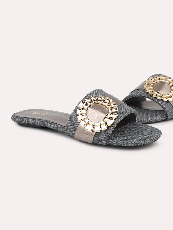 flats with cozy bedrooms-Women Grey Embellished Open Toe Flats