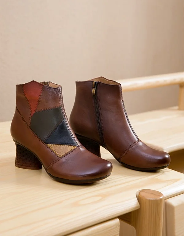 Boots with wet rush-Retro Leather Handmade Chunky Women's Boots