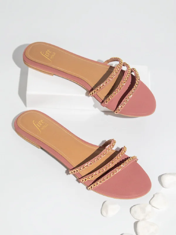 luxury flats for rent-Women Peach Striped Open Toe Flats With Chain detail