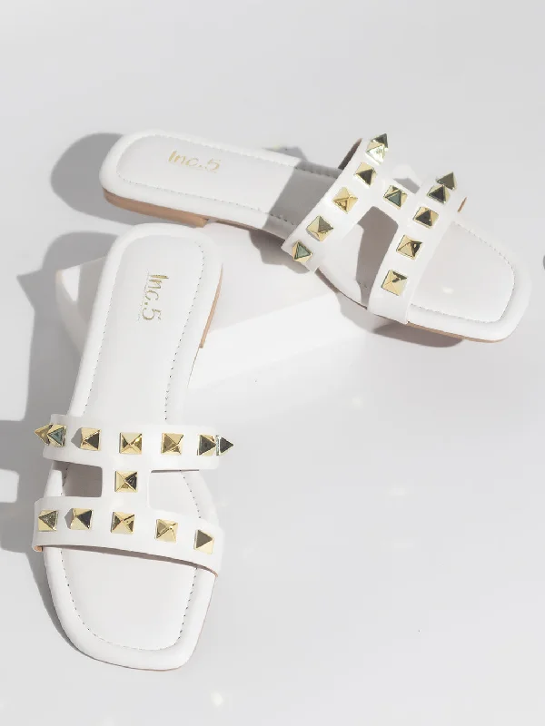 flats for minimalist vibes-Women White And Gold-Toned Studded Open Toe Flats