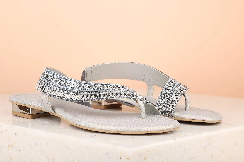 flats with private garden-Women Pewter Embellished One Toe Flats