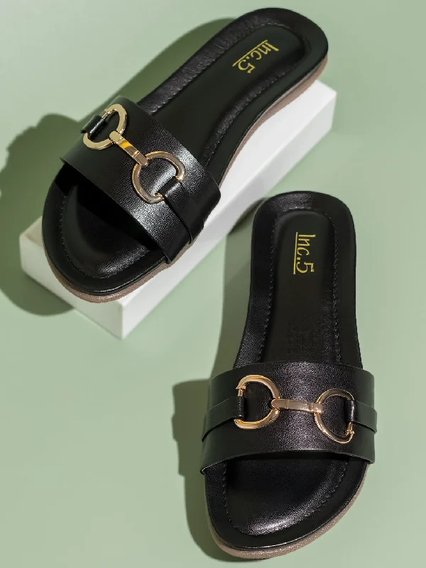 affordable flats near river-Women Black-Coloured And Gold-Toned Buckled Open Toe Flats