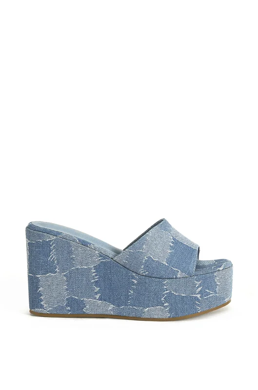 sandals near train stations-BANAS-DENIM PATCHWORK FLATFORM SANDAL