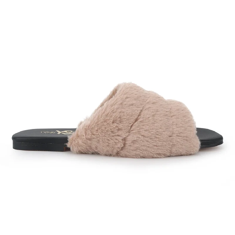 cozy women’s slippers-Nora Slipper in Beige Faux Fur