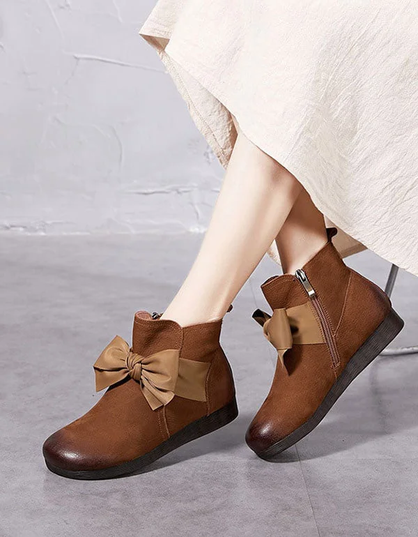 Boots for cold climates-Handmade Bow-Knot Retro Leather Boots