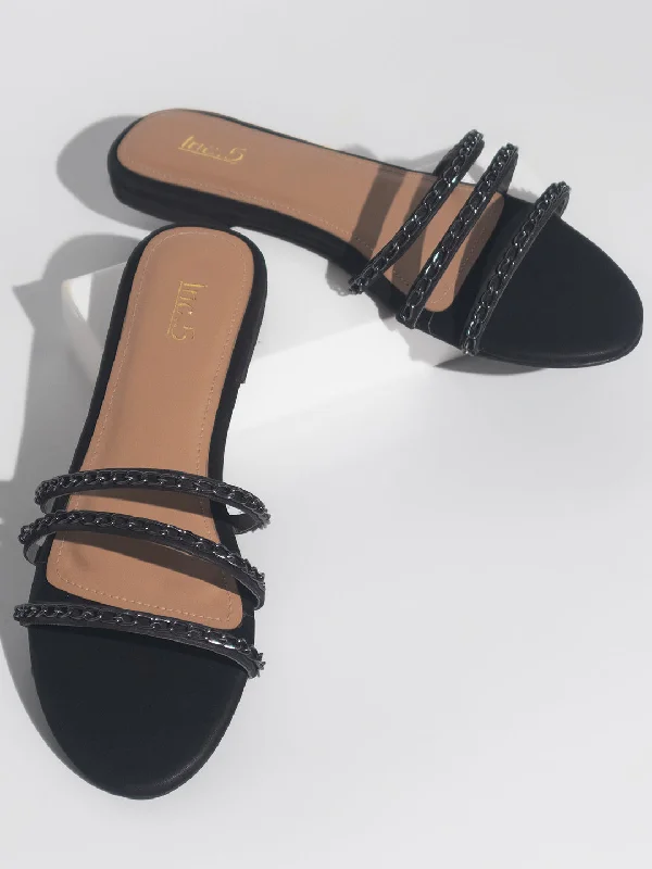 flats with cozy interiors-Women Black Embellished Open Toe Flats