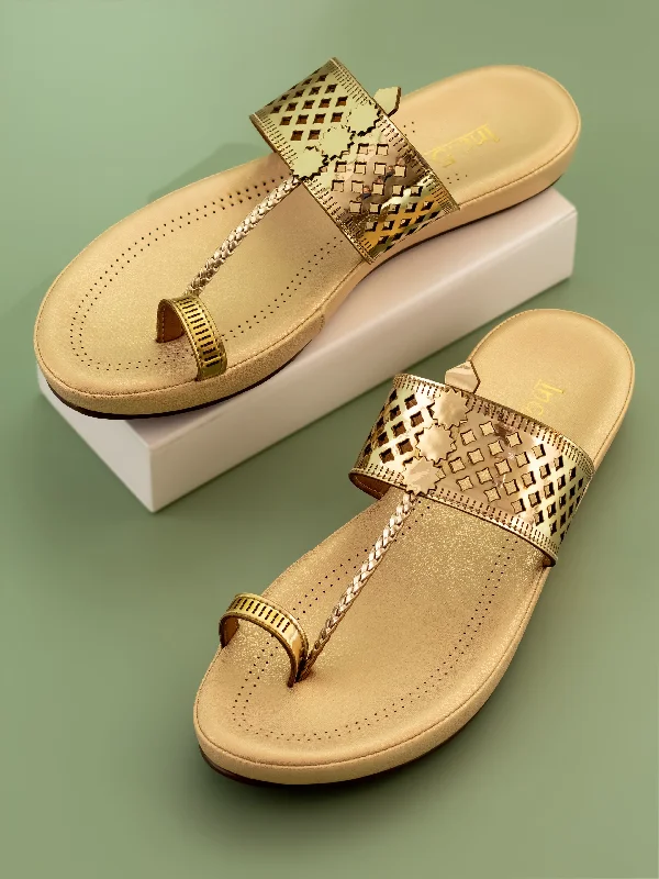 luxury flats with spa-Women Gold Embellished One Toe Flats with Laser Cuts