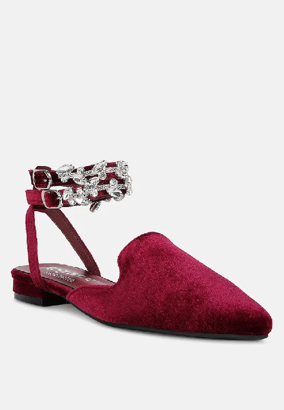 koala fun slippers-SALOME Burgundy Embellished Ankle Strap Velvet Mules