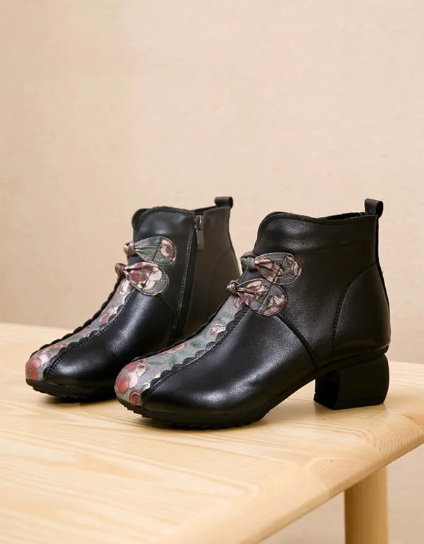 Boots for work rush-Ethnic Retro Handmade Leather Printed Chunky Short boots