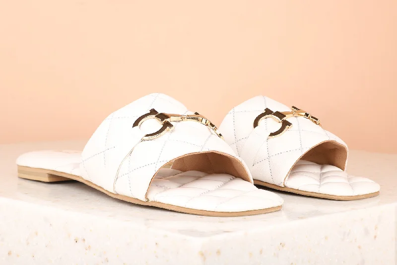 modern flats with garage-Women White Textured Open Toe Flats