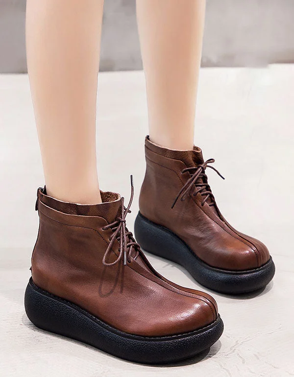 Boots with breathable soar-Retro Leather Women wedge Short Boots