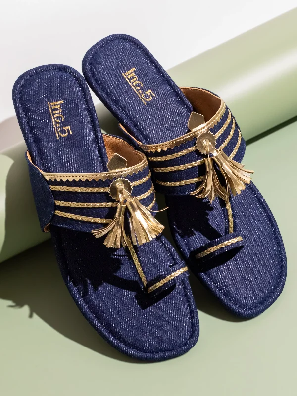 flats with unique layouts-Women Navy & Gold-Toned Denim Kolhapuri One Toe Flats