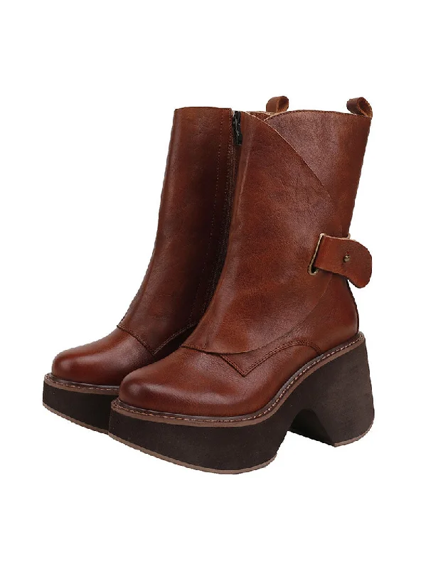 Boots for rainy breeze-Handmade Platform Leather Mid-calf Boots