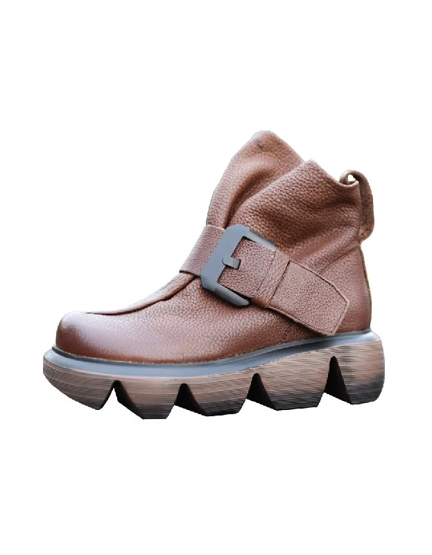 Boots with wet soar-Autumn Retro Leather Buckle Gear Sole Short Boots