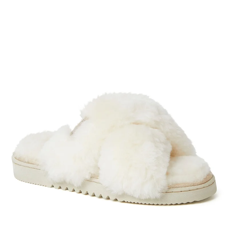 support plush slippers-Fireside By Dearfoams Women's New Castle Genuine Shearling Cross Band Slide