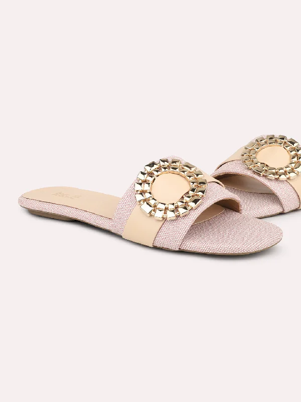 flats for monthly rent-Women Peach Embellished Open Toe Flats