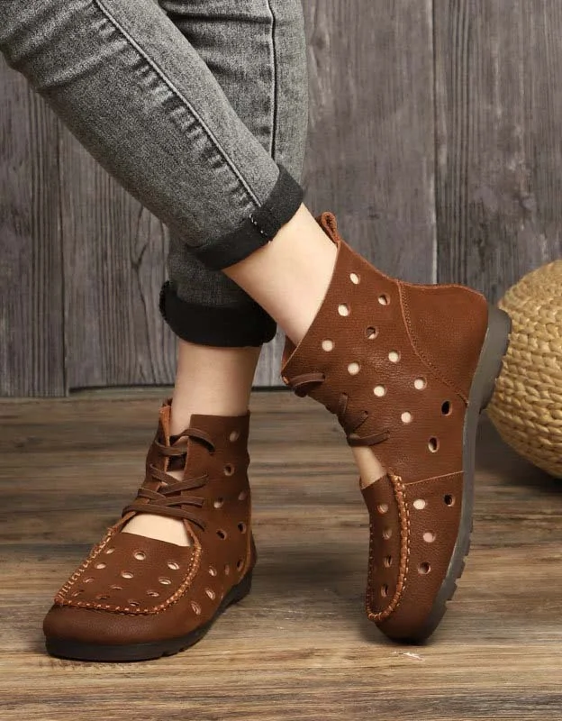 Boots with modern look-Handmade Retro Leather Hollow Sandals Boots