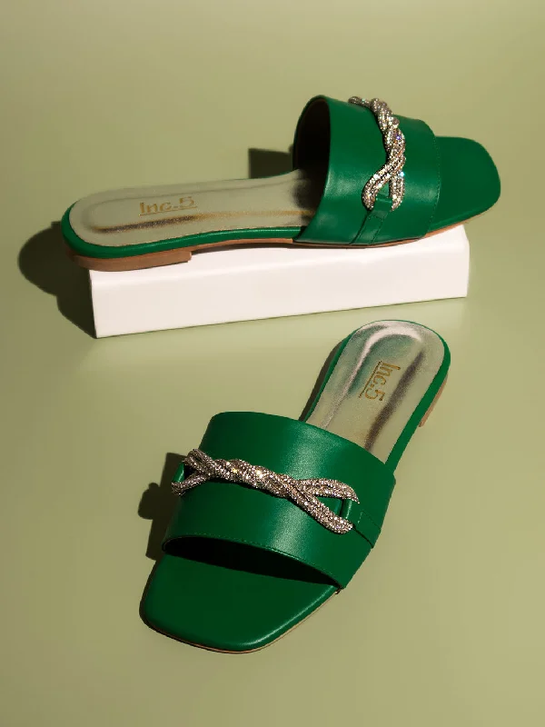 affordable flats for workers-Women Green Embellished Open Toe Flats