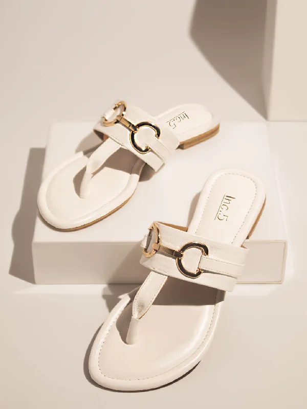 flats with cozy patios-White White Embellished T-Strap Flats