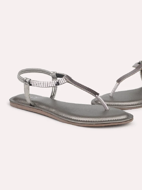 stylish flats for artists-Women Pewter Embellished Open Toe Flats