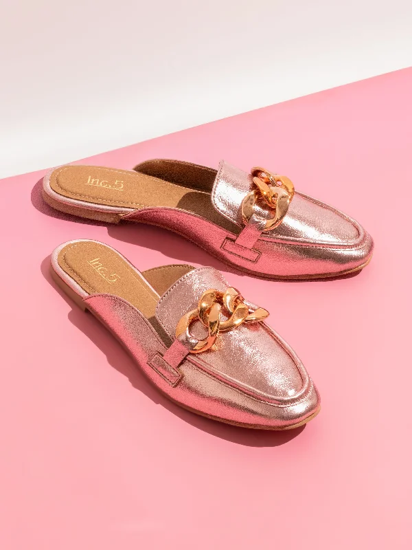 modern flats architecture-Women Rose Gold Mules Flats With Buckles