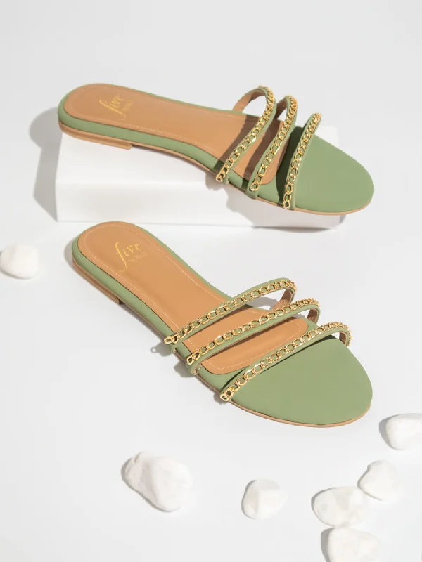 affordable flats near city-Women Green Striped Open Toe Flats With Chain detail