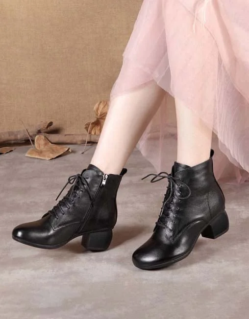 Boots with lightweight soar-Retro Leather Lace-up Chunky Heels Boots