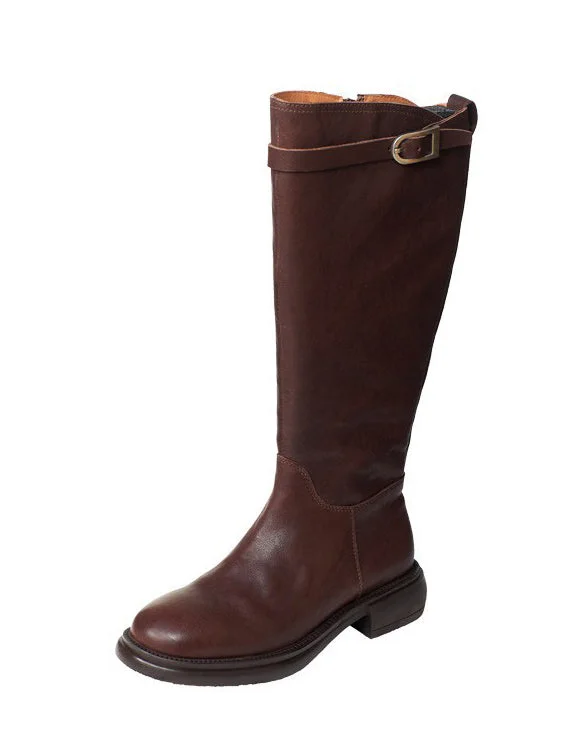 Boots with stable base-Genuine Leather Side Buckle British Style Knee High Boots