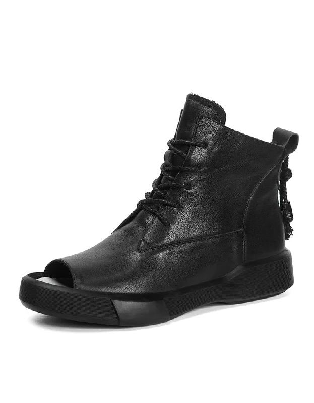 Boots for hiking float-Lace Up Open Toe Leather Short Boots Black